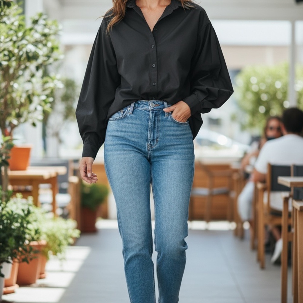 LALA FACTORY Black Button Down Shirt | Long Sleeve Relaxed Fit Blouse | Small